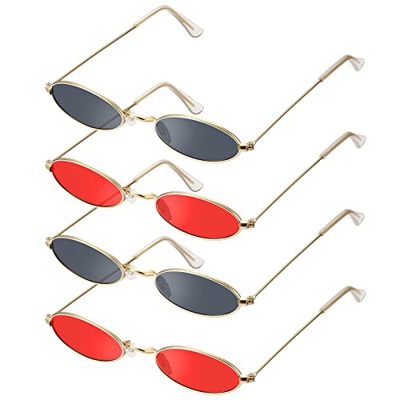 4 Pares Gafas de Sol Ovaladas de Mujer Vintage Montura Metálica (Negro, Rojo)