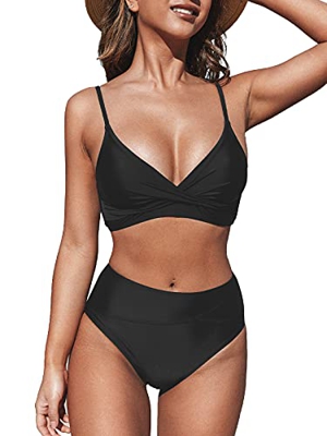 CUPSHE Bikini con Cuello en V y Cintura Alta con Giro Negro para Mujer, XL