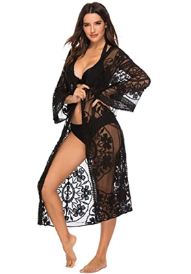 MIXIDON Kimono de encaje de playa Pareo Kimono Mujer Vestido de playa de verano Kimono Cubrir el biquini Largo Talla Única Negro