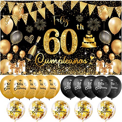 (1+15) Decoración para Cumpleaños 60 Escrita en Español 1 Pancarta Feliz Cumpleños 60 Decoración 60 Años Negro Oro Happy Bithday Fondo Cartel con15 Gl