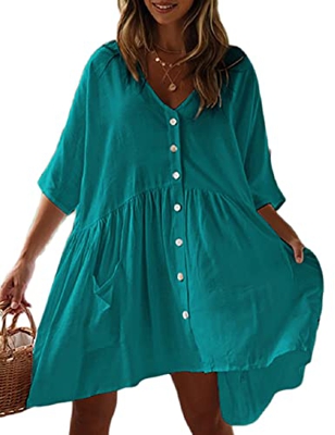 Bsubseach Casual Beach Bikini Cover Ups Mujer Camisa con Botones con Bolsillo Traje de baño Swim Coverup Azul Pavo Real
