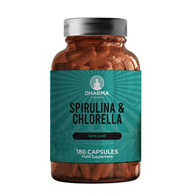 DHARMA Espirulina y Chlorella Orgánica 1800 mg | 100% naturales | 180 Cápsulas Veganas | Potente Efecto Saciante y Detox - Máxima Energía y Fuerza, Re