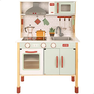 Woomax 49548 - Cocinita de madera infantil con luz y sonido / Cocina de juguete con vitrocerámica y campana extractora / Cocina infantil 104x70x30cm, 