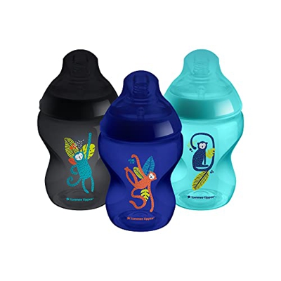 Tommee Tippee - Biberones con Tetina con Forma de Pecho y Válvula Anticólico, 260 ml, Pack de 3, Azul