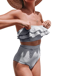 heekpek Bikini con Volantes a Rayas Top Palabra de Honor Relleno Braga Talle Alto para Mujer en oferta