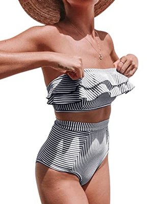 heekpek Bikini con Volantes a Rayas Top Palabra de Honor Relleno Braga Talle Alto para Mujer