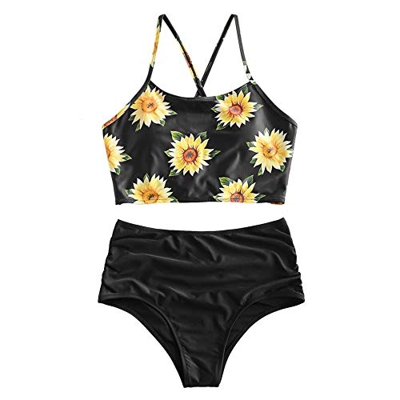 ZAFUL Tankini Set con Relleno Estampado Tirantes Anudados Braguita Talle Alto para Mujer, M