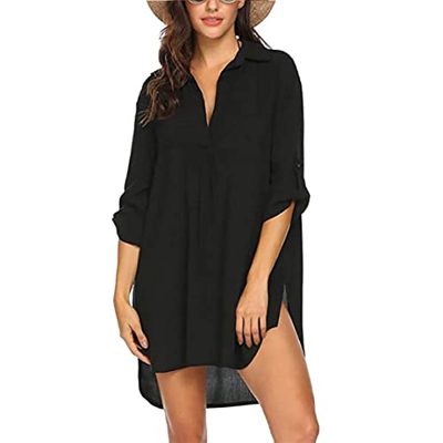 Cuello en V Pareos Playa Vestido de Playa Camisero de Manga Corta Mujer Camisa Suelta Vestido Pareo Playa Ropa de Baño Playa Bikini Cover up