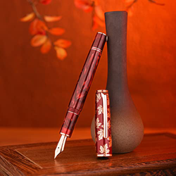 Hongdian N8 Pluma estilográfica de resina roja chapada en oro hoja de arce, nudo chino iridio pluma extrafina clásica, pluma de escritura suave con ca precio