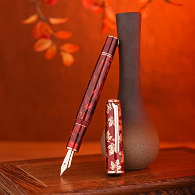 Hongdian N8 Pluma estilográfica de resina roja chapada en oro hoja de arce, nudo chino iridio pluma extrafina clásica, pluma de escritura suave con ca
