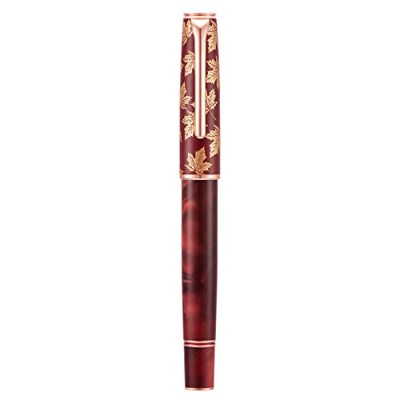 Hongdian N8 Pluma estilográfica de resina roja chapada en oro hoja de arce, iridio nudo chino punta fina pluma clásica, pluma de escritura suave con c