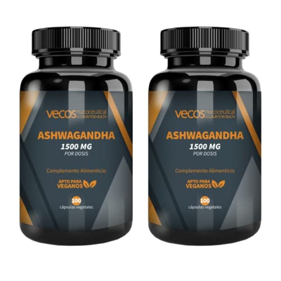 Ashwagandha 1500 mg de Extracto Seco Puro | Adaptógeno para la Salud Mental y Físico | Reduce Estrés y Ansiedad | Ayuda a Dormir Mejor | 2x 100 Cápsul