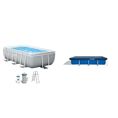 Intex 26784NP Piscina Rectangular Prism Frame 300 x 175 x 80 cm con depuradora, Multicolor + 28039 Cobertor Piscina Rectangular Prisma/Small Frame 460