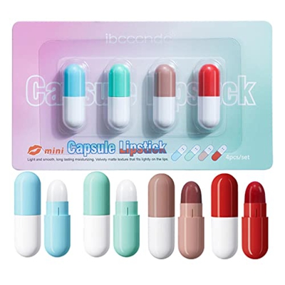 leryveo Pintalabios Capsulees Pills | Juego de 4 pintalabios para niñas,Pills Lipstick Long Lasting Nude Red Mini 24-Hour Stay On Matte Lipstick Bulk 