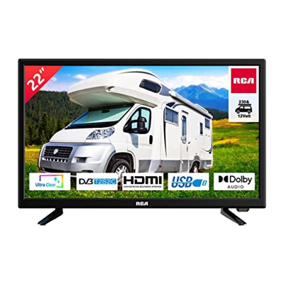 Televisor RCA RB22H2CU de 22 Pulgadas (TV de 56 cm), para caravanas, Adaptador de Coche de 12V, Dolby Audio, DVB-C/T2/S2, conexión PC VGA, HDMI, USB, 