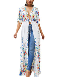 Bsubseach Mujeres Blanco Floral Estampado Frente Abierto Largo Kimono Cardigan Manga Corta Traje de baño Cubrirse para Trajes de baño características
