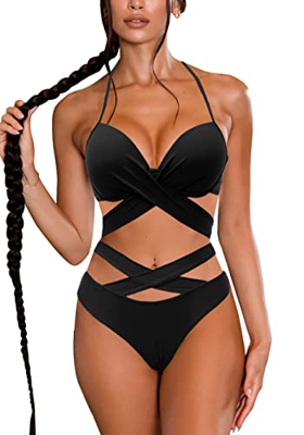 Trajes de Baño Bikinis Brasileño Mujer de Dos Piezas Bañadores Brasileno Doble Frontal Cruzada Traje de Baño Bikini Triangulo Push Up (Negro, XL)