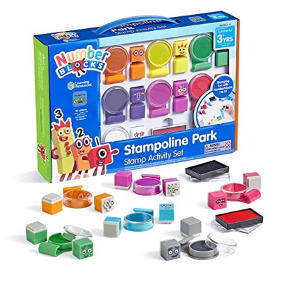 Learning Resources-Set de Actividades del Parque de Stampolines, Multicolor, Colores de los Numberblocks, tintas Lavables, Manualidades, 32 Piezas, 3+