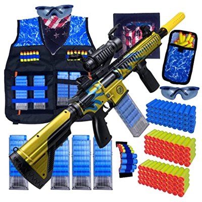 AGM MASTECH AR 416 - Pistola lanzadora con Chaleco, 80 Dardos de Repuesto, 40 Conchas, 4 revistas con Clips (Recarga de 8 Dardos), máscara, Banda de m