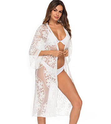 MIXIDON Kimono de encaje de playa Pareo Kimono Mujer Vestido de playa de verano Kimono Cubrir el biquini Largo Talla Única Blanco