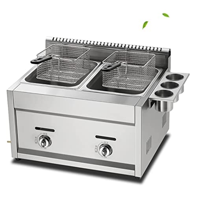 Freidora De Gas Multifunción, 22 L, Freidora Glp Profesional Comercial, Control De Temperatura Independiente, Potencia De Fuego Ajustable, con Cestas 