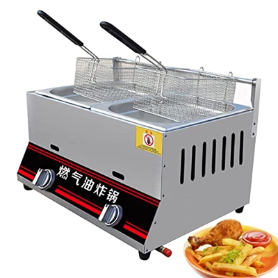 Freidora de gas con cesta y tapa, freidora para papas fritas de banco de acero inoxidable con tubo metálico para cocina doméstica comercial