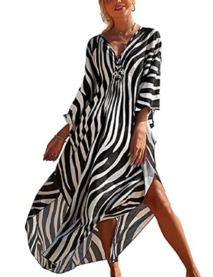 Bsubseach Long Zebra Print Media Manga Kaftan Swim Cover Up para Mujer Traje de baño Coverups Vestido de Playa