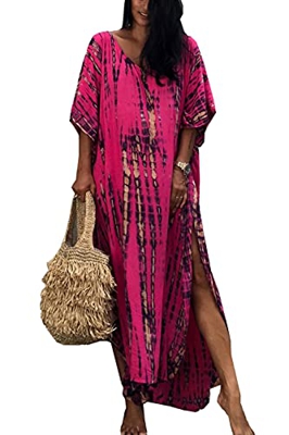 YouKD Traje de baño largo kaftan, bohemio, playa, kimono para cubrir más el tamaño del vestido para las mujeres, B Rosa, Talla única