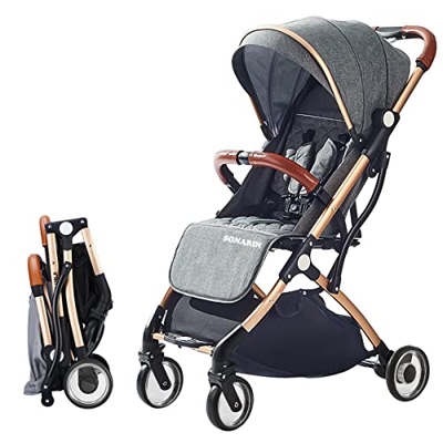 SONARIN Silla de paseo ligera y compacta,cochecito de portátil,plegable con una mano,arnés de cinco puntos,ideal para Avión(Púrpura)