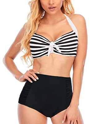Sixyotie Conjunto de bikini a rayas para mujer, traje de baño de dos piezas, traje de baño, Rayas negras, 52