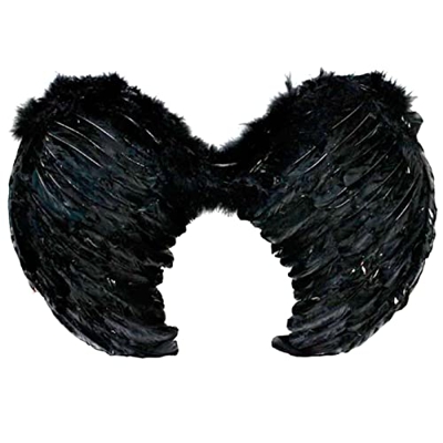 Tradineur - Alas con plumas y tirantes elásticos, complemento para disfraz de halloween, carnaval, cosplay, fiestas, navidad, Color Negro (45 x 35 cm)