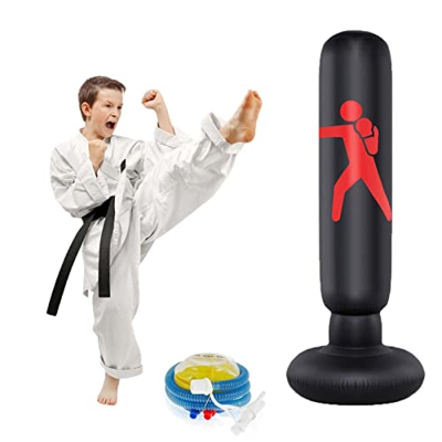 Saco de Boxeo Inflable para Niños, 160cm Saco de Arena Columna Tumbler Hinchable de Pie con Bomba de Aire para Taekwondo Karate MMA y Aliviar la Energ