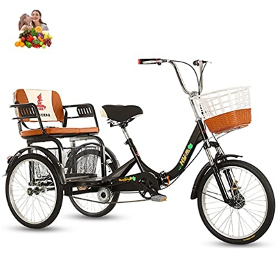 Triciclo para adultos para padres de 3 ruedas con asiento trasero ampliado + cesta que puede traer dos niños triciclo de doble cadena que absorbe los 