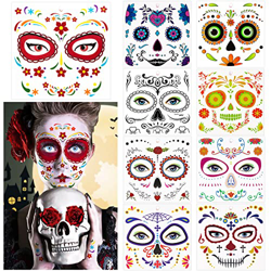 9 Hojas Halloween Tatuaje Cara Temporales, La Seguridad Tatuajes de Cara de Halloween, Pegatinas de Tatuaje Facial del Día de Los Muertos para Fiestas en oferta