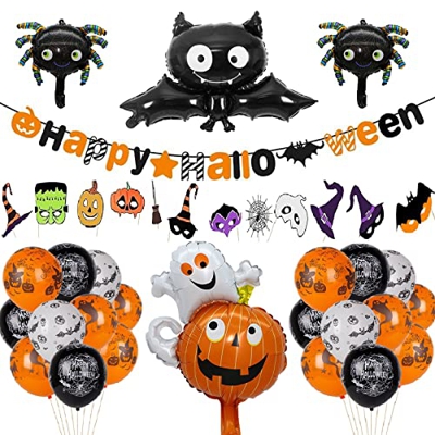 FINEVERNEK Globos de Halloween, Halloween Globos Decoración Set, Happy Halloween Globos, Halloween Feliz Banner, Globos de Calabaza, Araña, Murciélago