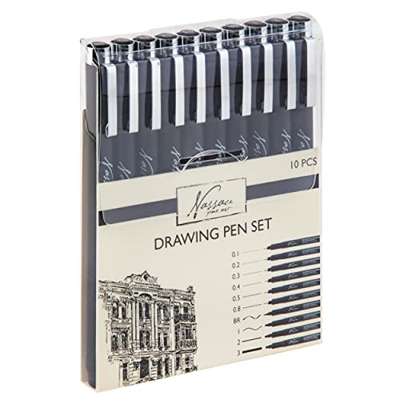 Nassau Fine Art Fineliner Set Negro | 10 piezas | 10 anchos de línea diferentes | Lápices de dibujo en un práctico estuche | Rotuladores impermeables 