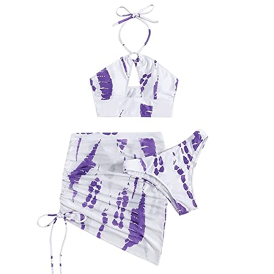 Conjunto de bikini de 3 piezas para mujer con tirantes cruzados y falda de playa de cintura, morado, M