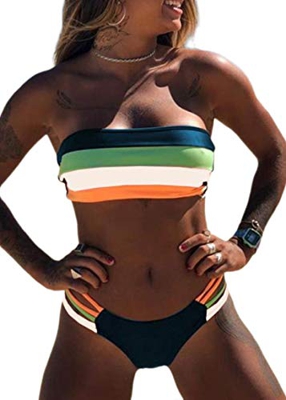 JFAN Mujer Conjunto de Bikini Dividido Colorido Rayas Sin Tirantes Cosido Sujetador Acolchado Sin Respaldo Push-up Bikinis Bottoms Ropa de Playa Traje