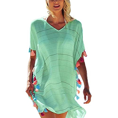 TBSCWYF Mujer Vestido de Playa Borla de Gasa Mujer Ropa de Baño Suelto Vestido de Playa Cubrir Blusa Camisolas y Pareos Bikini Cover up