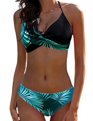 Bikini Elegante Traje de Baño Conjunto Bañador Halter Sexy Sólido para Mujer Ropa de Playa Traje de Baño Bikini Sets Talla Grande（Negro + Hojas Verdes