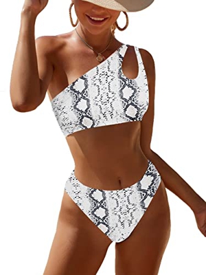 JFAN Traje de Baño Mujer Conjunto de Bikini Un Hombro Trajes de Baño Ahuecados Bañador Atractivo de Dos Piezas(Serpentina,XL)