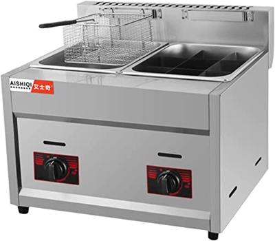 SILVOSWAN Freidora de gas comercial profesional de doble tanque, restaurante de acero inoxidable, cocina, mesa, papas fritas, freidora profunda, campi