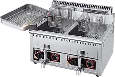 SILVOSWAN Freidora de gas de gran capacidad, freidora de GLP de acero inoxidable for uso doméstico y comercial, potencia de fuego ajustable, con cesta