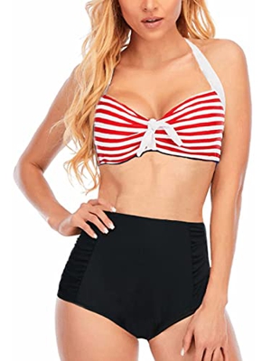 Sixyotie Conjunto de bikini a rayas para mujer, traje de baño de dos piezas traje de baño, Stripered, 3XL