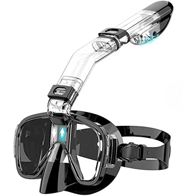JUJNE Máscara de esnórquel plegable con sistema de parte superior seca y soporte para cámara, equipo de snorkel profesional antivaho, negro