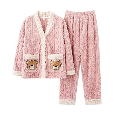 Pijama Mujer Verano, Elegante Conjunto De Pijamas De Franela Oso Creativo Rosa Pantalones De Manga Larga Suave Cálido Jacquard Ropa De Dormir Otoño In