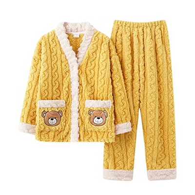 Pijama Mujer, Elegante Conjunto De Pijamas De Franela Oso Creativo Amarillo Pantalones De Manga Larga Suave Y Cálido Jacquard Ropa De Dormir Otoño Inv