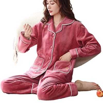 Pijama Mujer Verano, Elegante Conjunto De Pijamas De Franela Novedad Rosa Chaqueta De Punto Roja Pantalones Ropa De Dormir Suave Y Cálida Otoño Invier