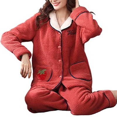 Pijama Mujer Sexy, Conjunto De Pijamas De Franela Elegantes Pantalones De Rebeca Rojo Fresa Creativos Ropa De Dormir Suave Y Cálida Otoño Invierno Con