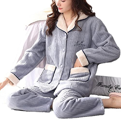 Pijama Mujer, Elegante Conjunto De Pijamas De Franela Raya Creativa Pantalones De Rebeca Azules Ropa De Dormir Suave Y Cálida Otoño Invierno Conjuntos